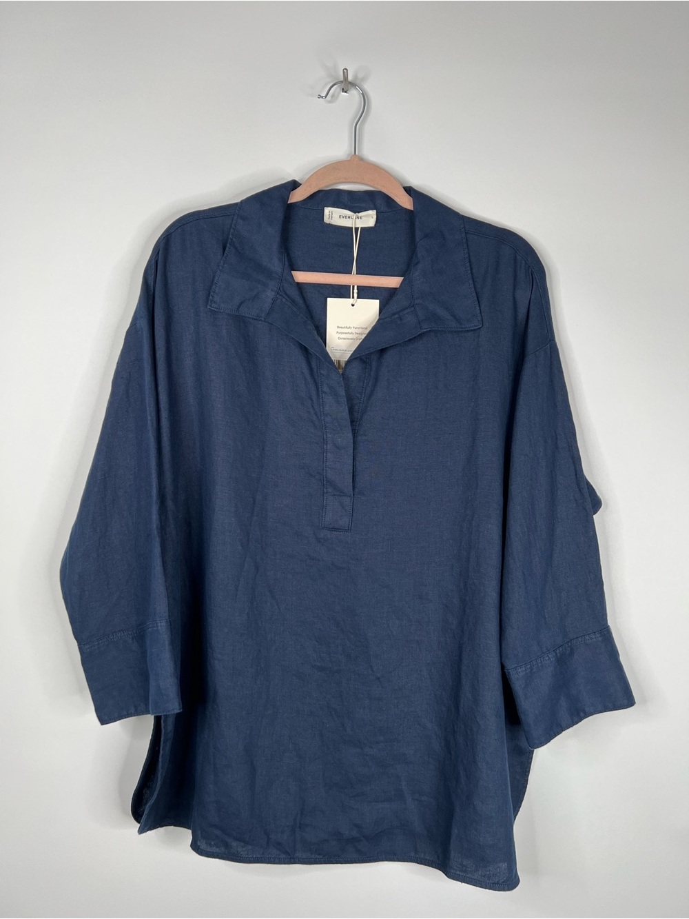 Everlane Popover Shirt Linen Navy Relaxed Coastal Classic New Size Large